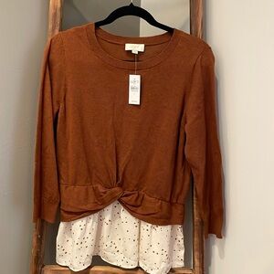 Loft Sweater with Built In Peekaboo Shirt. Rust/Beige
Size: S
LOFT